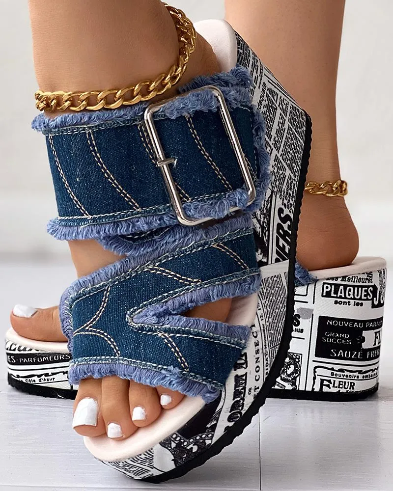 Newspaper Buckled Denim Wedge Slippers