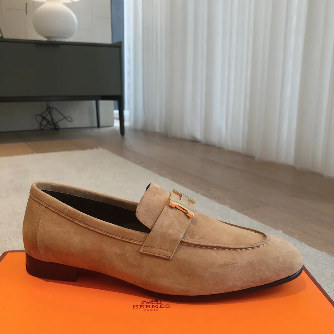 Paris Loafer Light Brown Suede Calfskin With Pink Gold Signature Buckle 509373