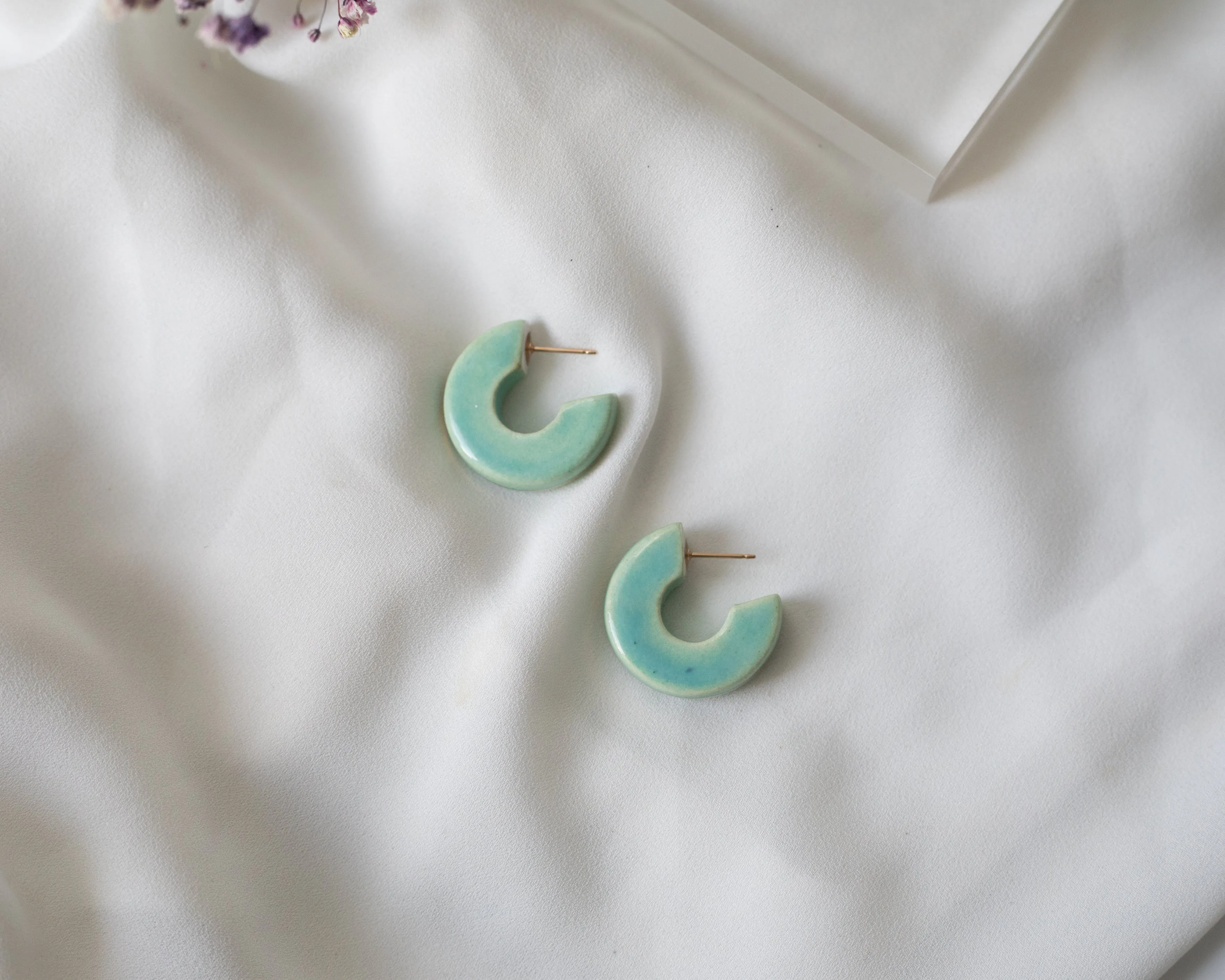 Porcelain and Gold Light Turquoise 3/4 Hoop Earrings