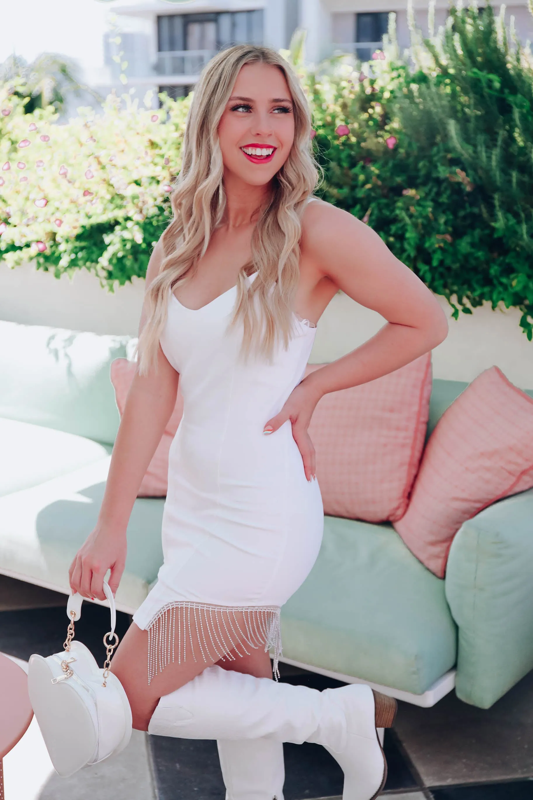 Radiate Rhinestone Fringe Denim Dress - White