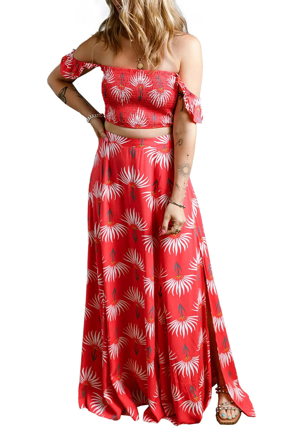 Red Floral Shirred Off Shoulder Crop Top and Slit Maxi Skirt Set