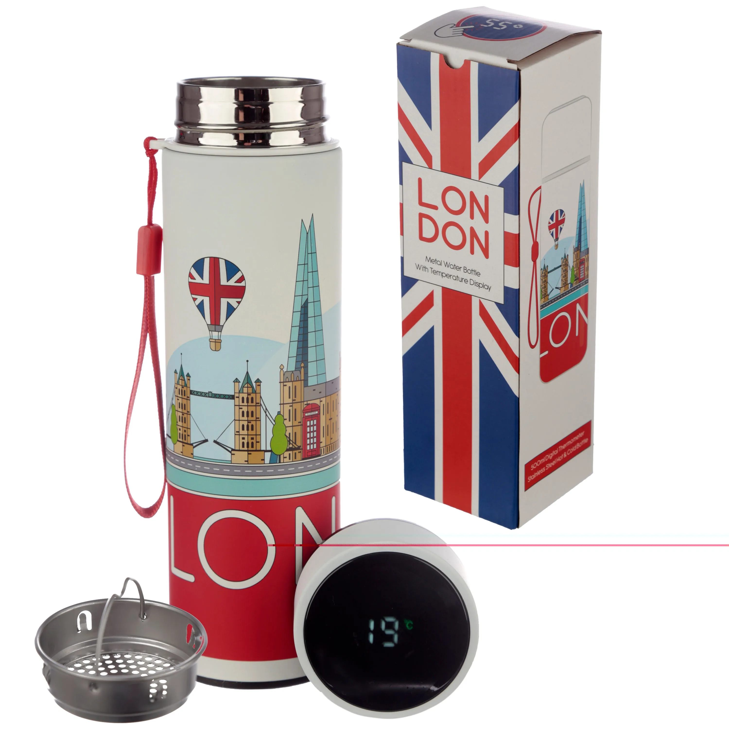 Reusable Stainless Steel Hot & Cold Insulated Drinks Bottle Digital Thermometer - London Icons