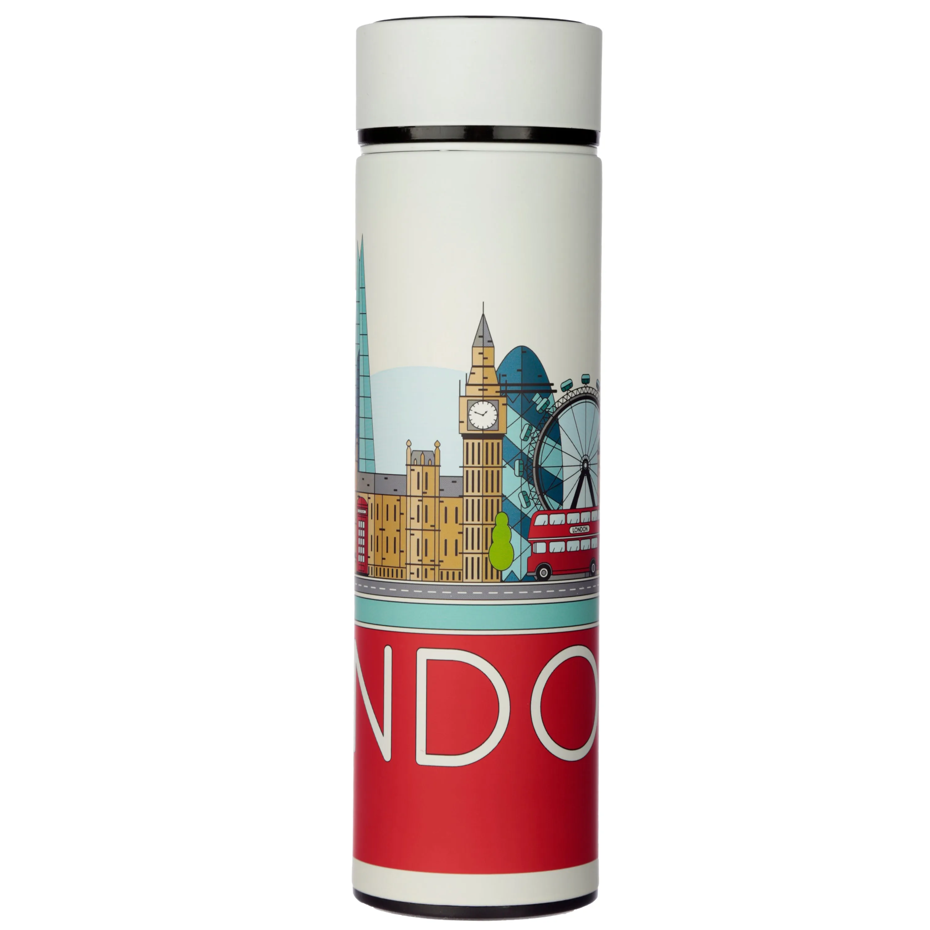 Reusable Stainless Steel Hot & Cold Insulated Drinks Bottle Digital Thermometer - London Icons