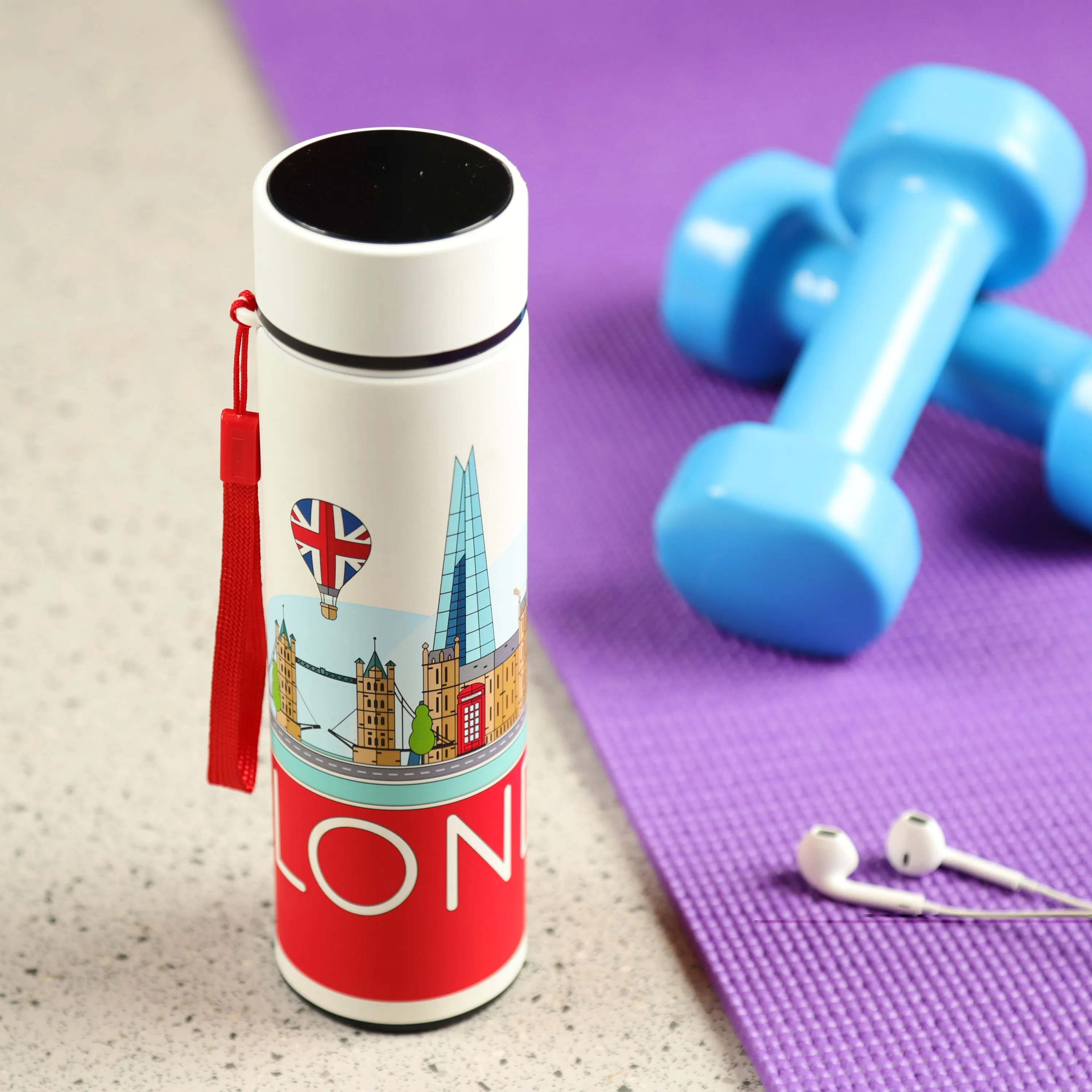 Reusable Stainless Steel Hot & Cold Insulated Drinks Bottle Digital Thermometer - London Icons