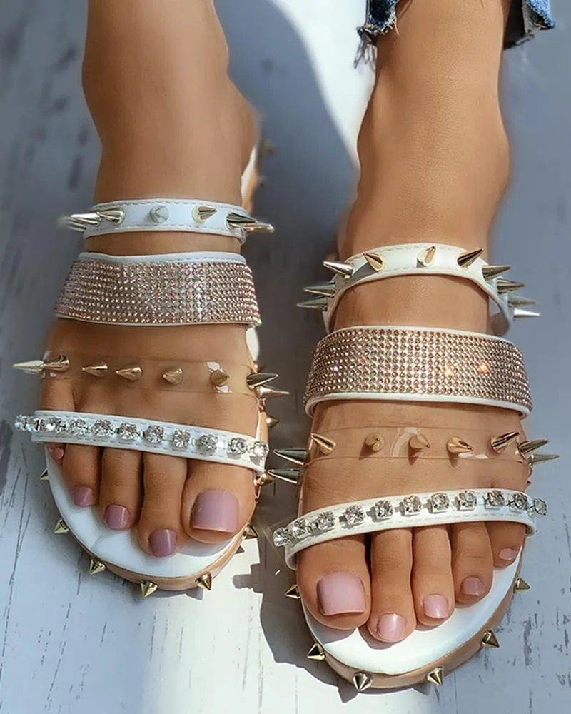 Rhinestone Rivet Design Multi Strap Slippers