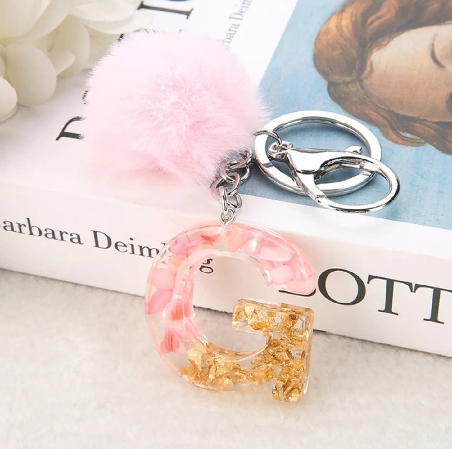 Sakura Gold Letter Pom Keychain
