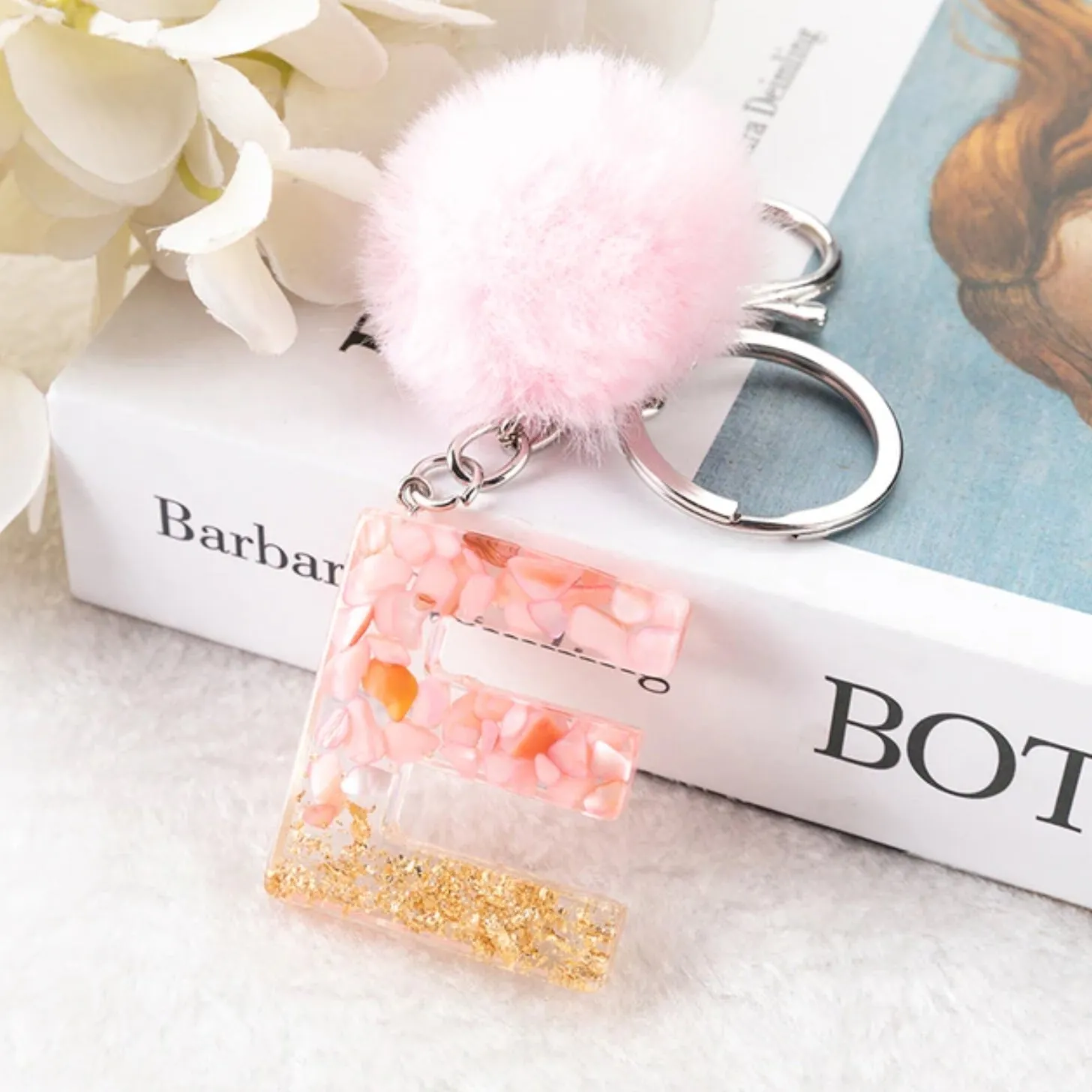 Sakura Gold Letter Pom Keychain