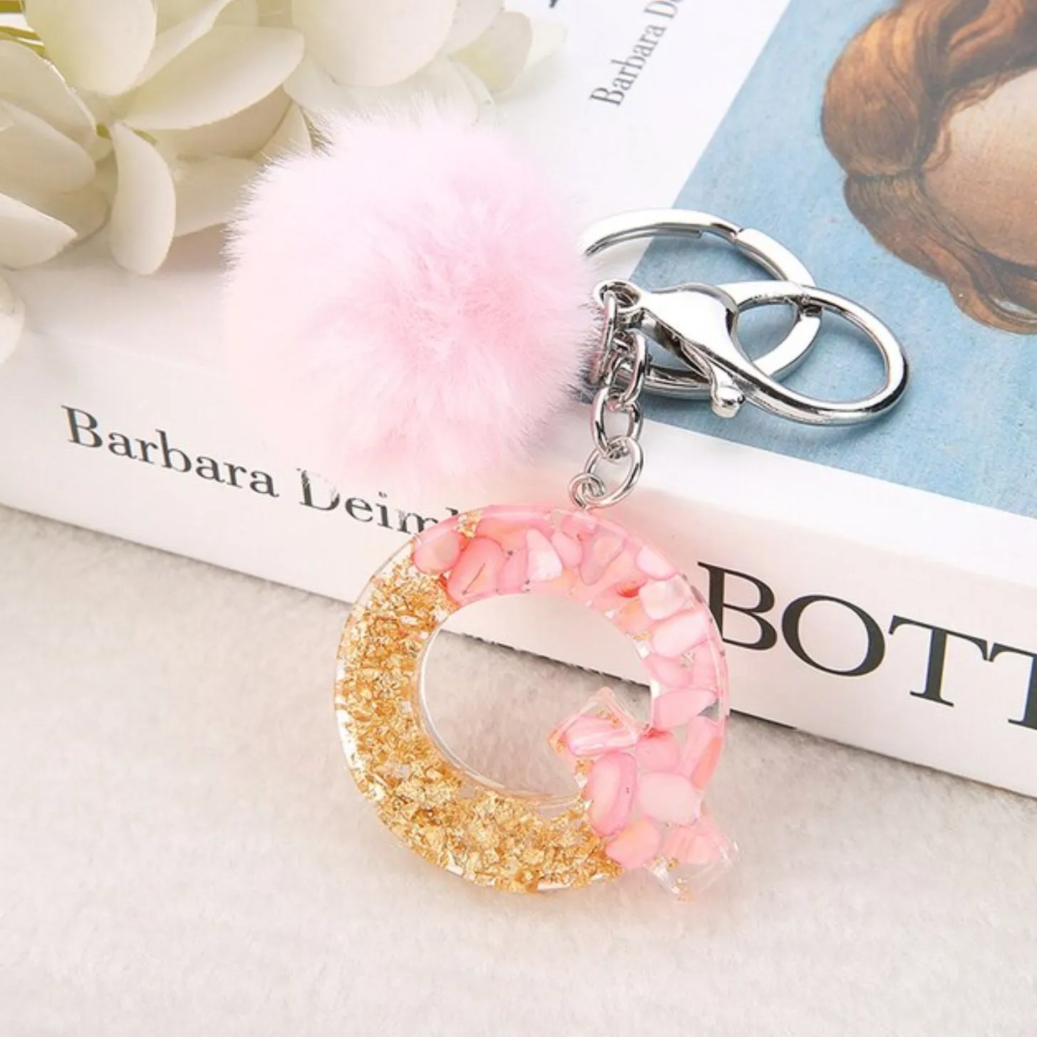 Sakura Gold Letter Pom Keychain