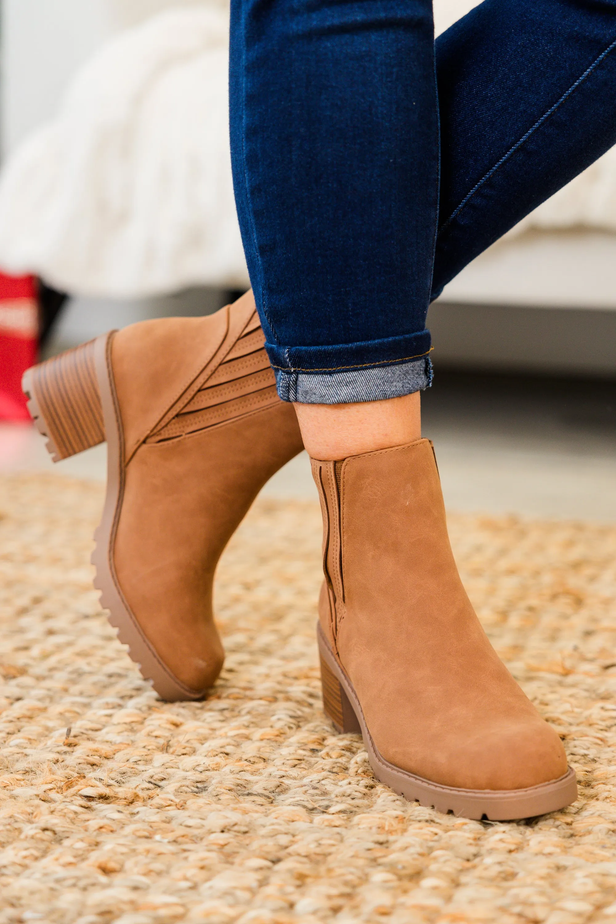 Shift In Perspective Booties, Cognac