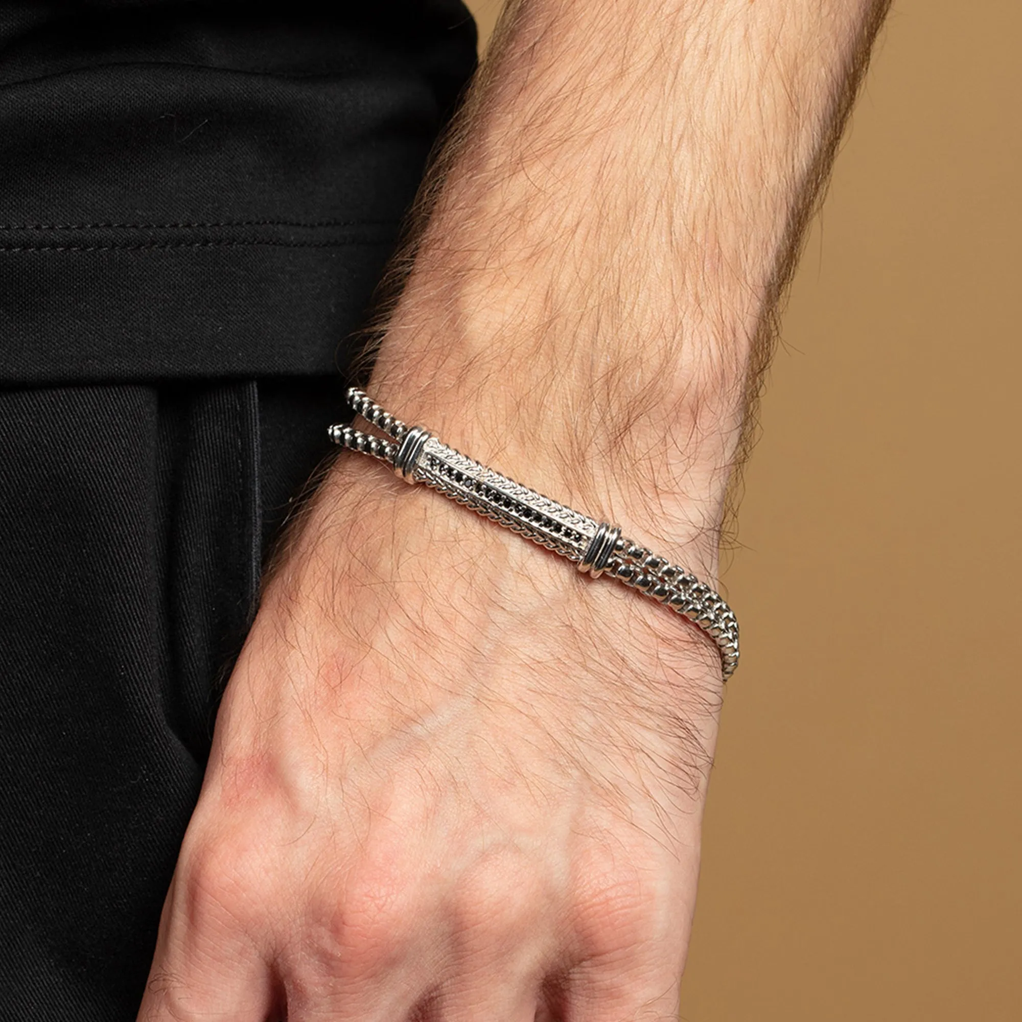 Silver Men's Box Link Woven Bracelet