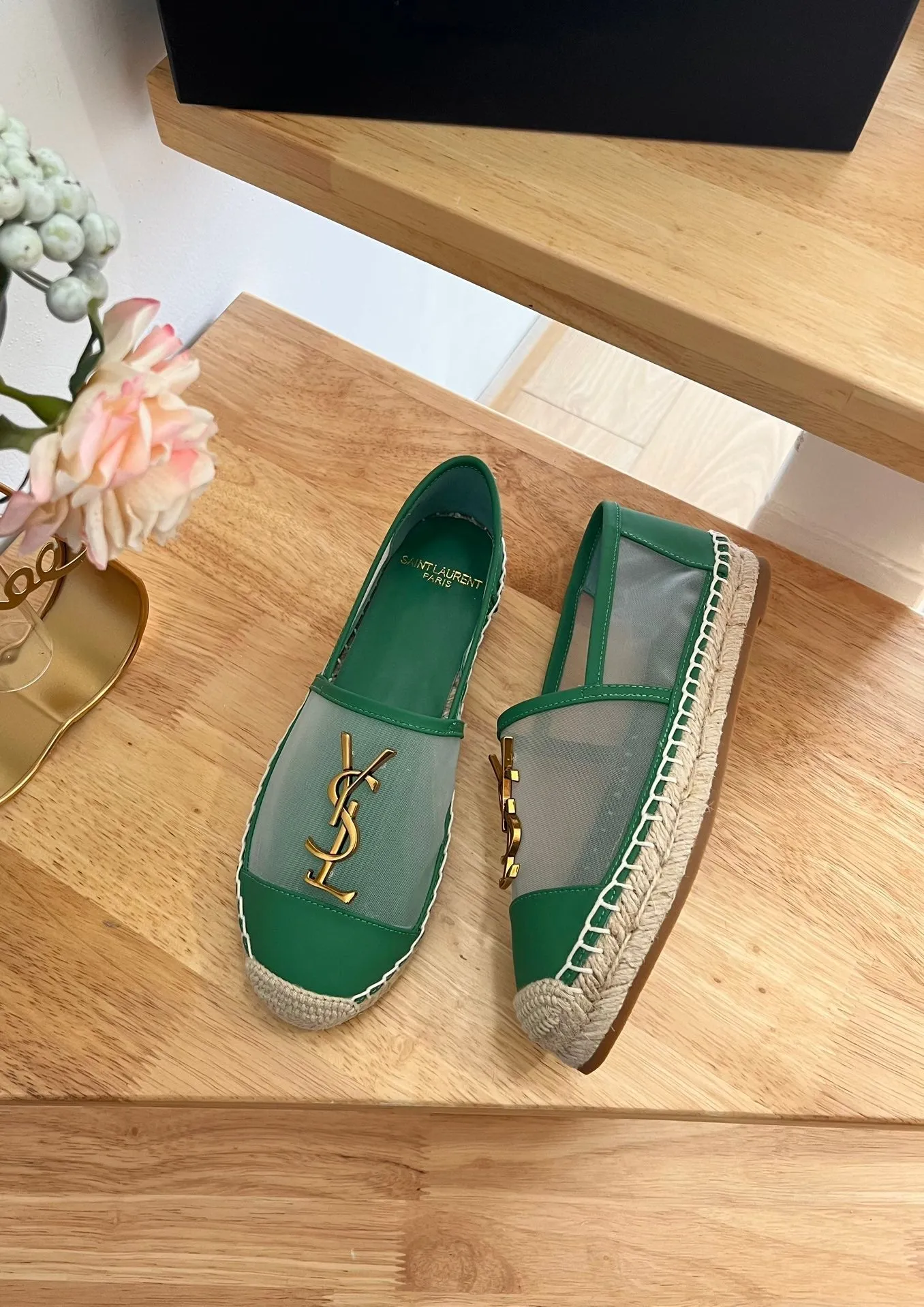 SL YVES LOGO SLIP ON DARK GREEN CALFSKIN AND MESH