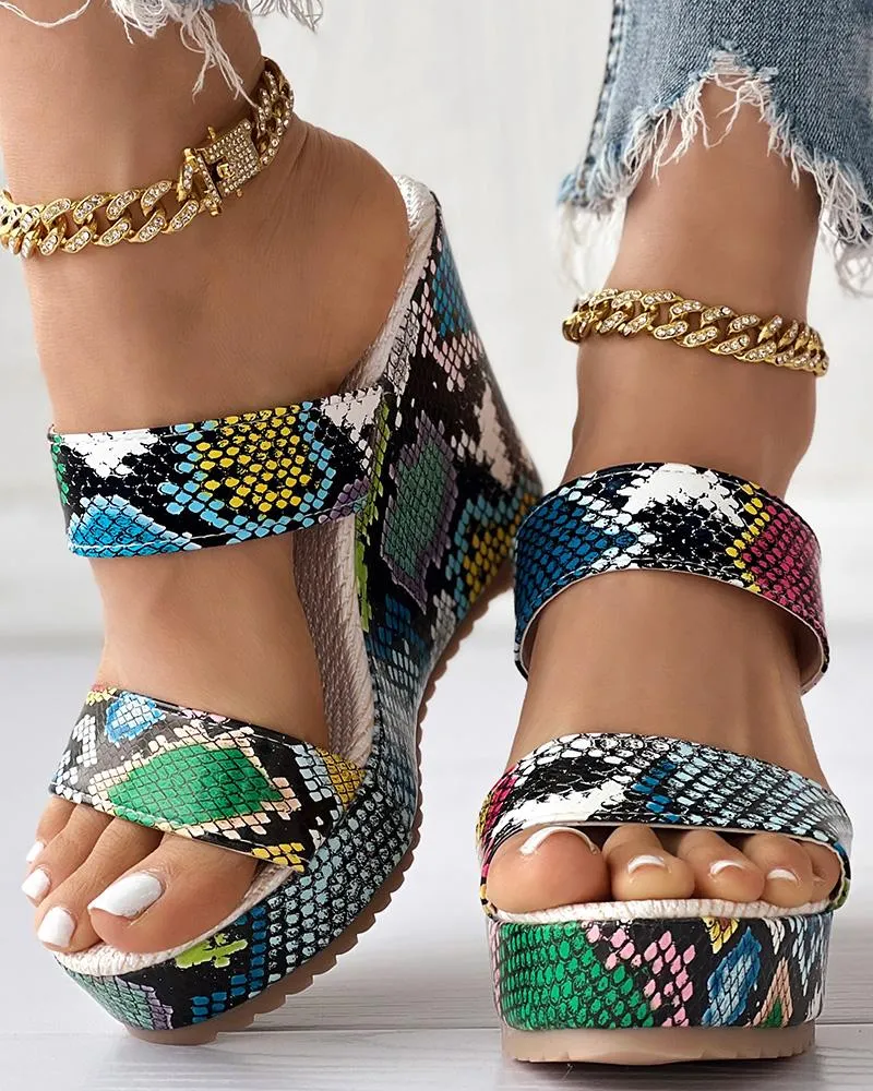 Snakeskin Double Strap Wedge Slippers
