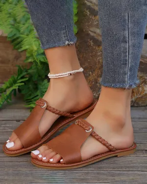Solid color woven strap flat slippers