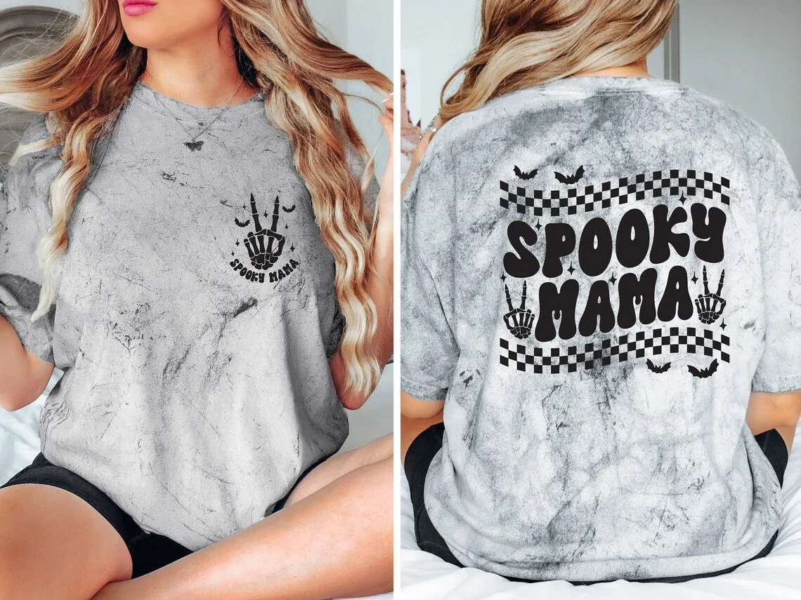 Spooky Mama Shirt- Garment dyed t-shirt with print on Front & Back. Halloween Mama Shirt. Halloween Mama Outfit. Halloween mama gift.