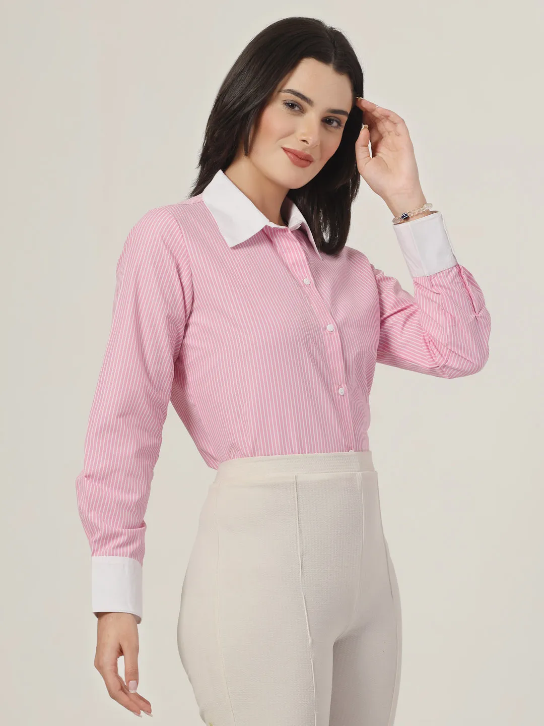 Style Quotient Women Stripe Pink And White Coloblock Polycotton Regular Formal Shirt