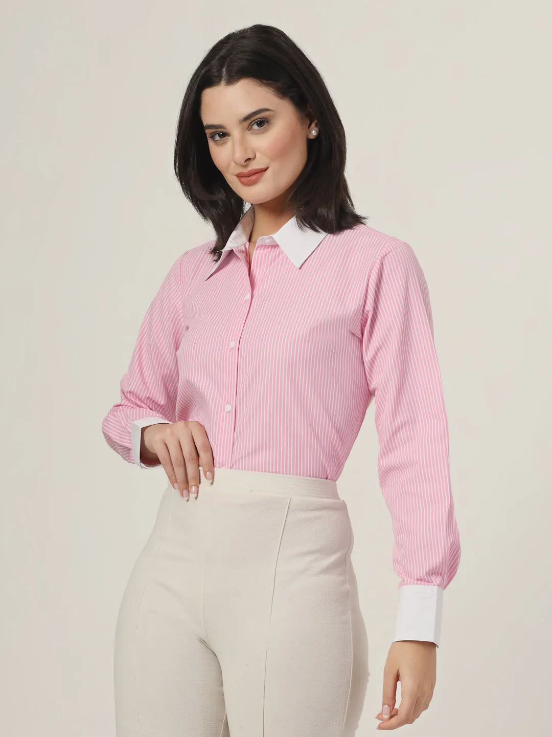 Style Quotient Women Stripe Pink And White Coloblock Polycotton Regular Formal Shirt