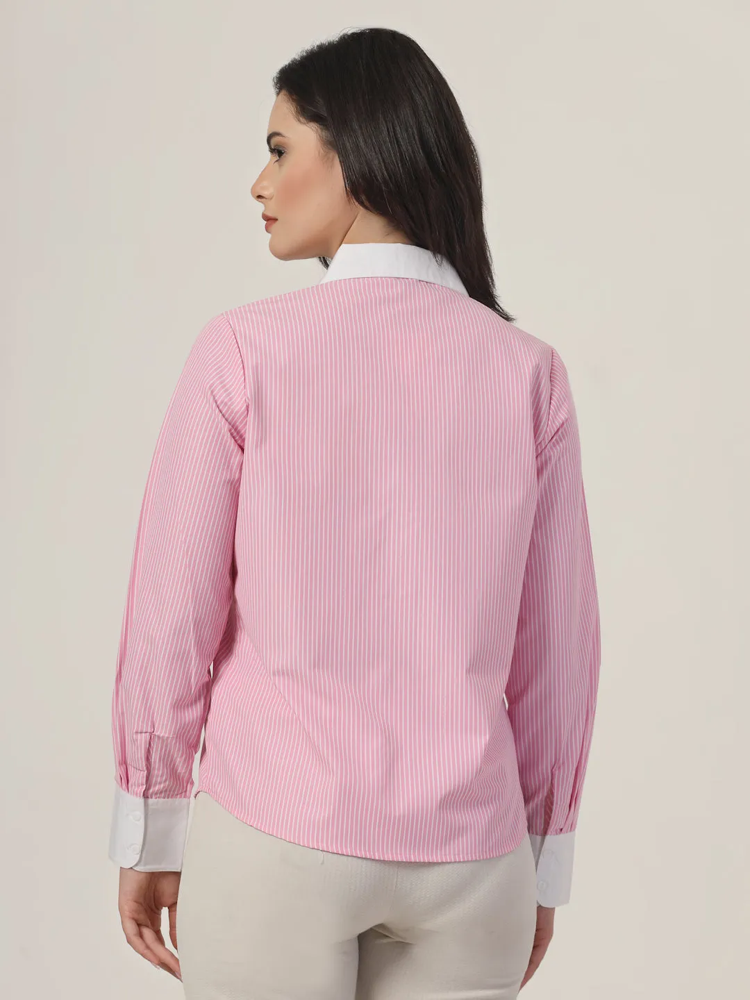 Style Quotient Women Stripe Pink And White Coloblock Polycotton Regular Formal Shirt