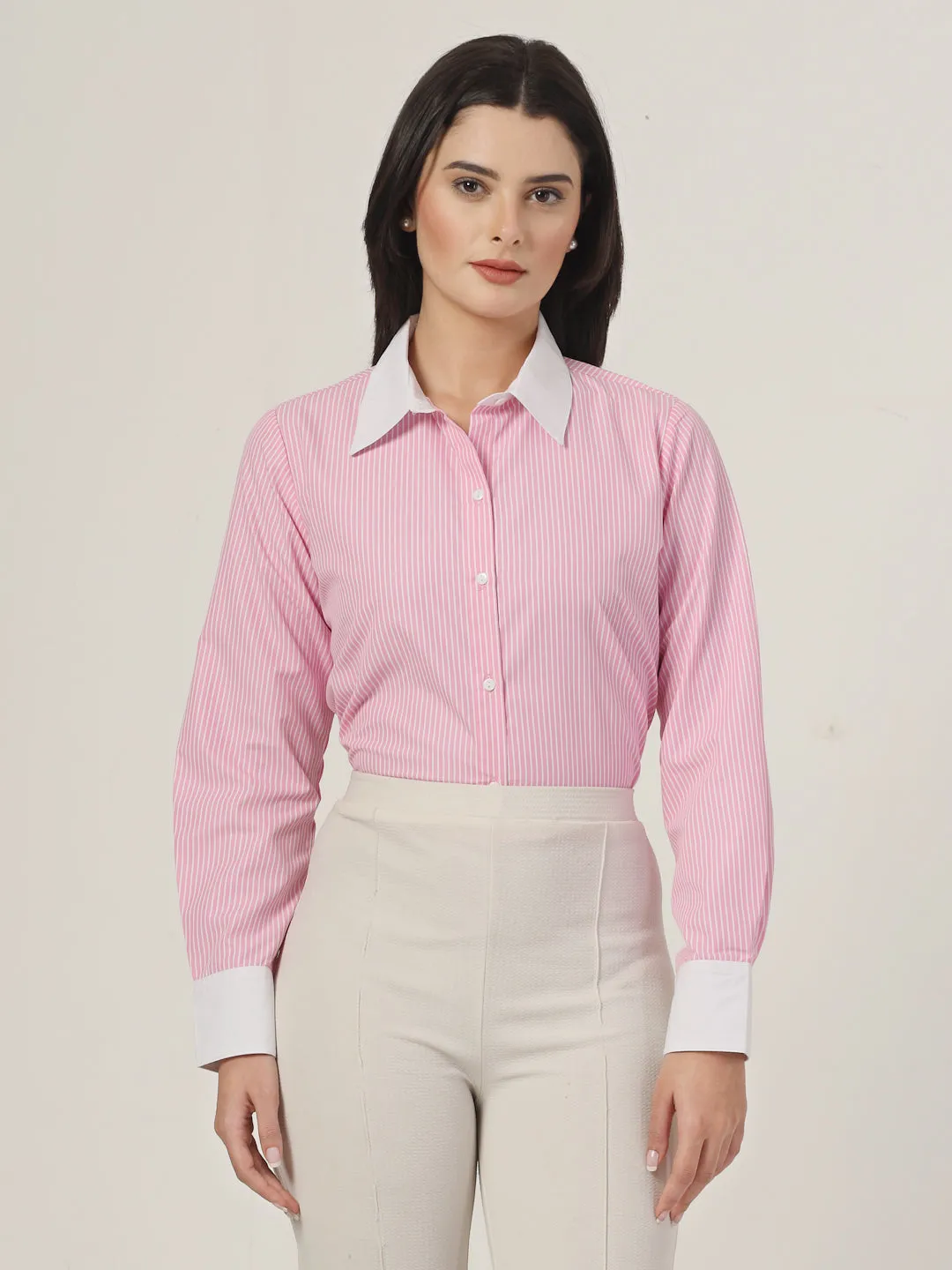 Style Quotient Women Stripe Pink And White Coloblock Polycotton Regular Formal Shirt