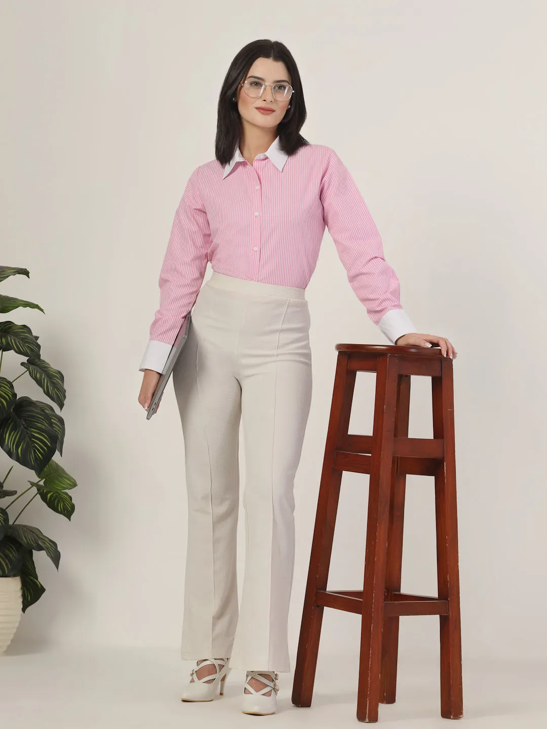 Style Quotient Women Stripe Pink And White Coloblock Polycotton Regular Formal Shirt