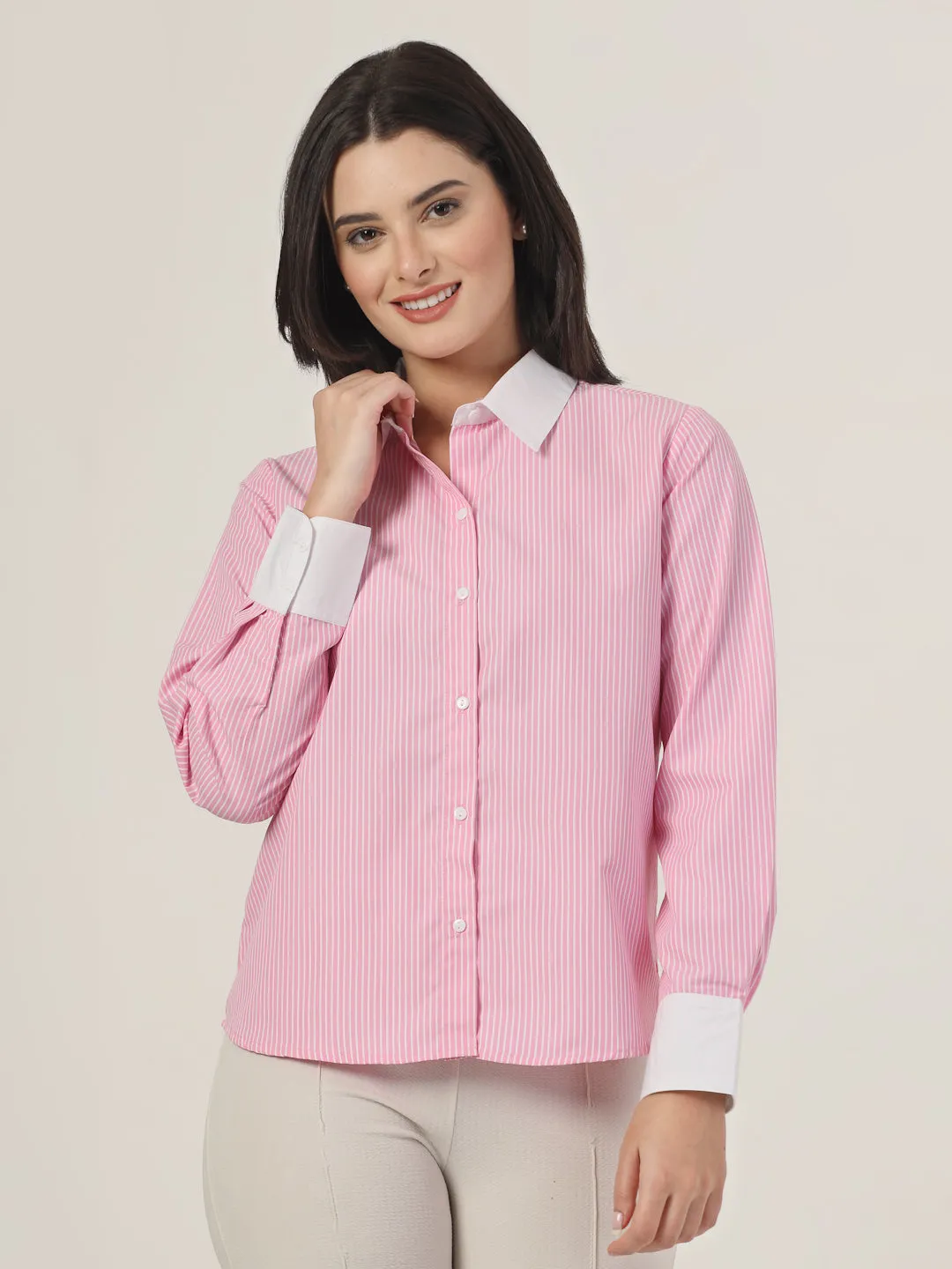 Style Quotient Women Stripe Pink And White Coloblock Polycotton Regular Formal Shirt