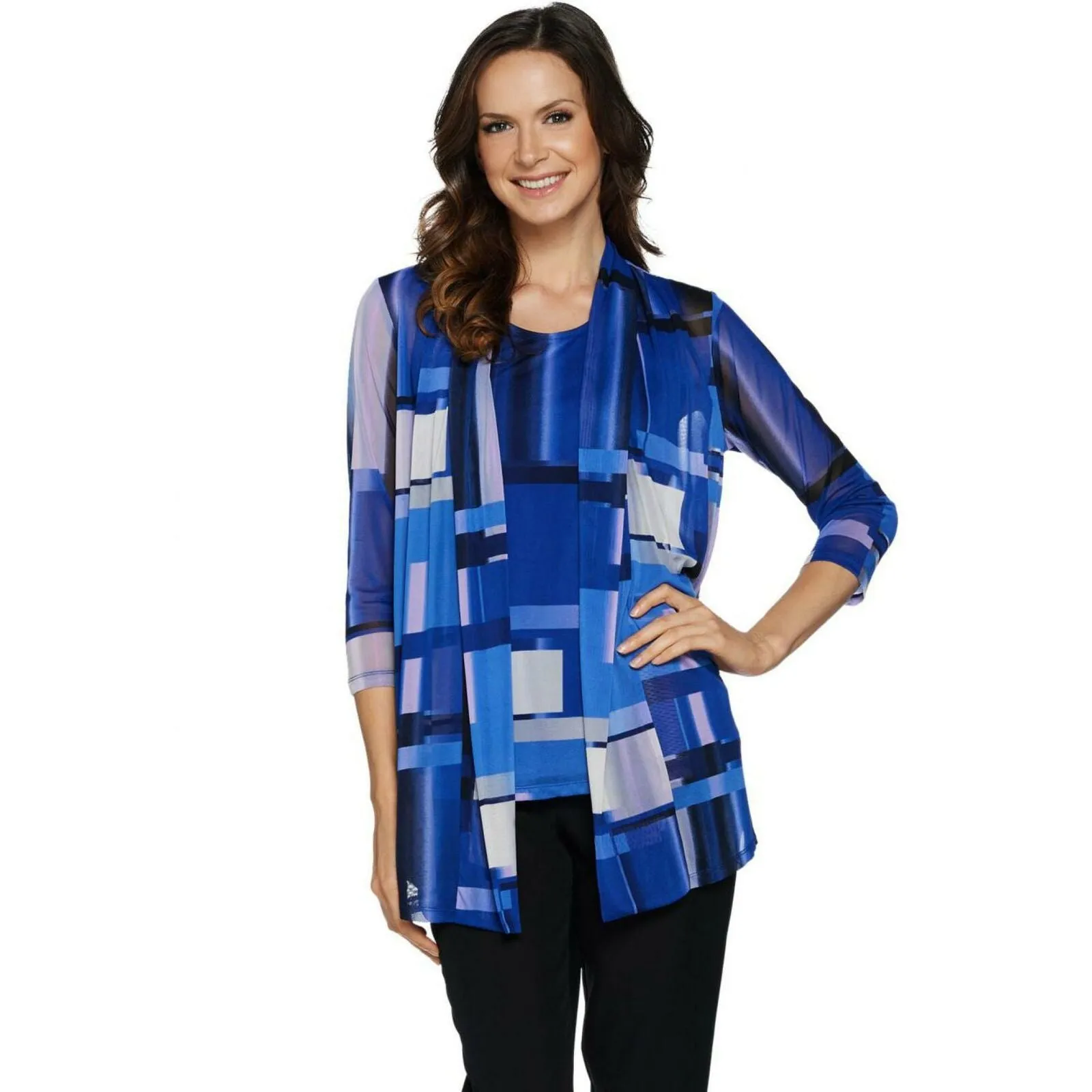 Susan Graver Printed Mesh Cardigan And Tank Set Bright Blue Medium