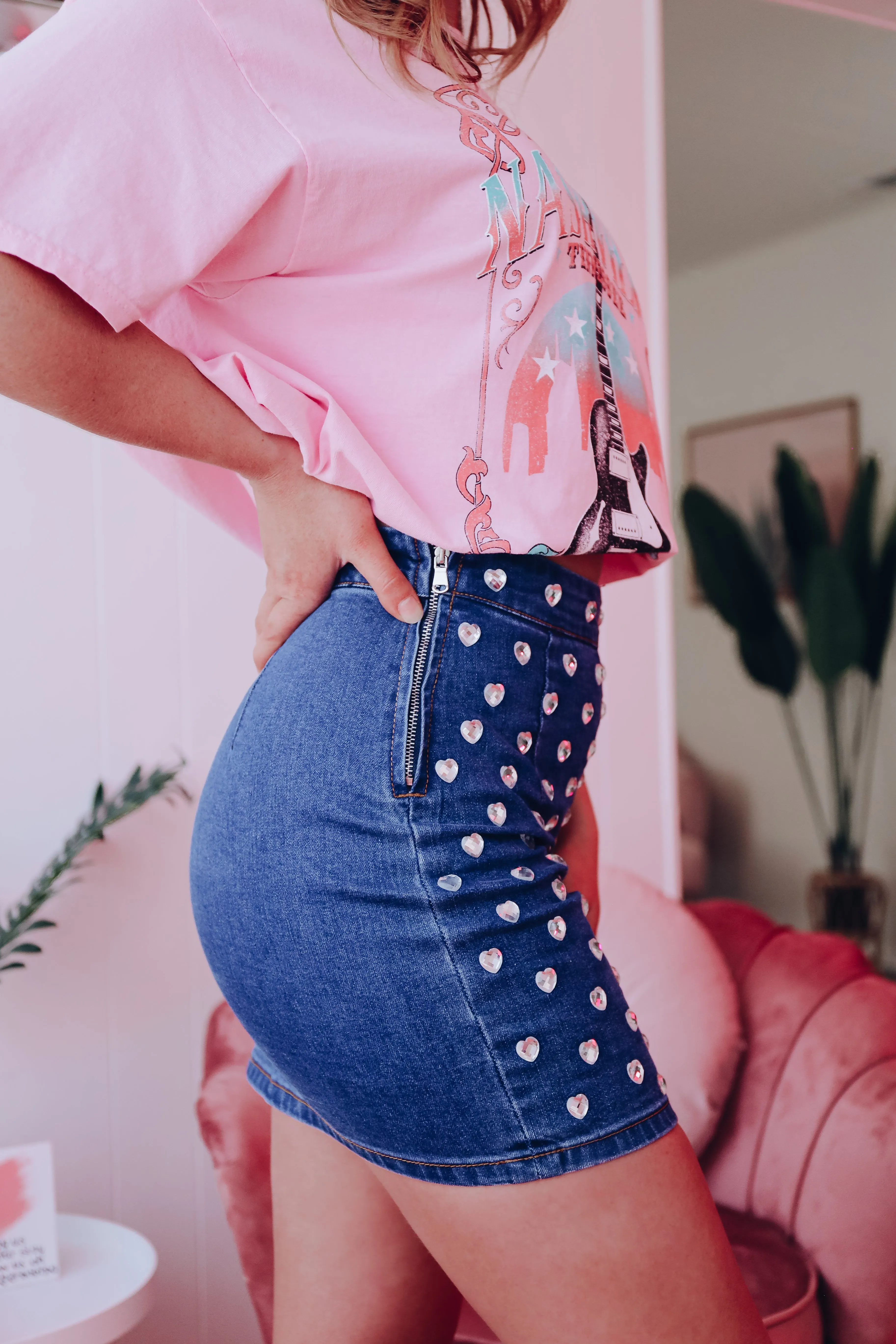 The Queen Of Hearts Rhinestone Denim Mini Skirt
