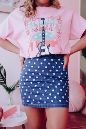 The Queen Of Hearts Rhinestone Denim Mini Skirt