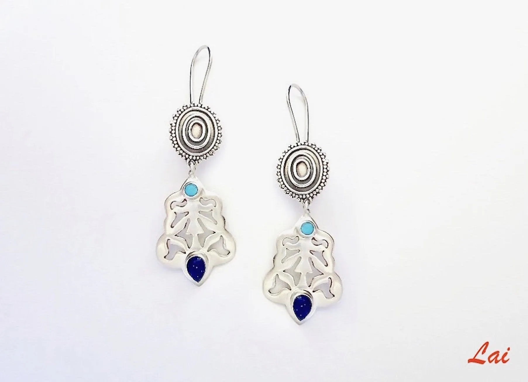 Tribal inspired, lapis and turquoise cut-work earrings