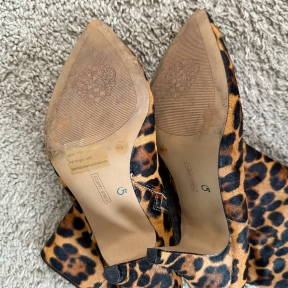 Vince Camuto Leopard Print Genuine Cow Fur Kitten Heel Booties Brown Black 9.5