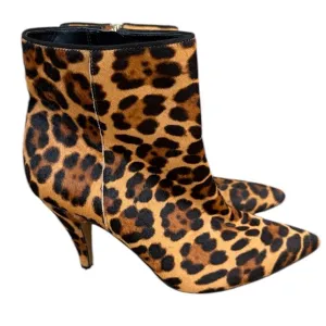 Vince Camuto Leopard Print Genuine Cow Fur Kitten Heel Booties Brown Black 9.5