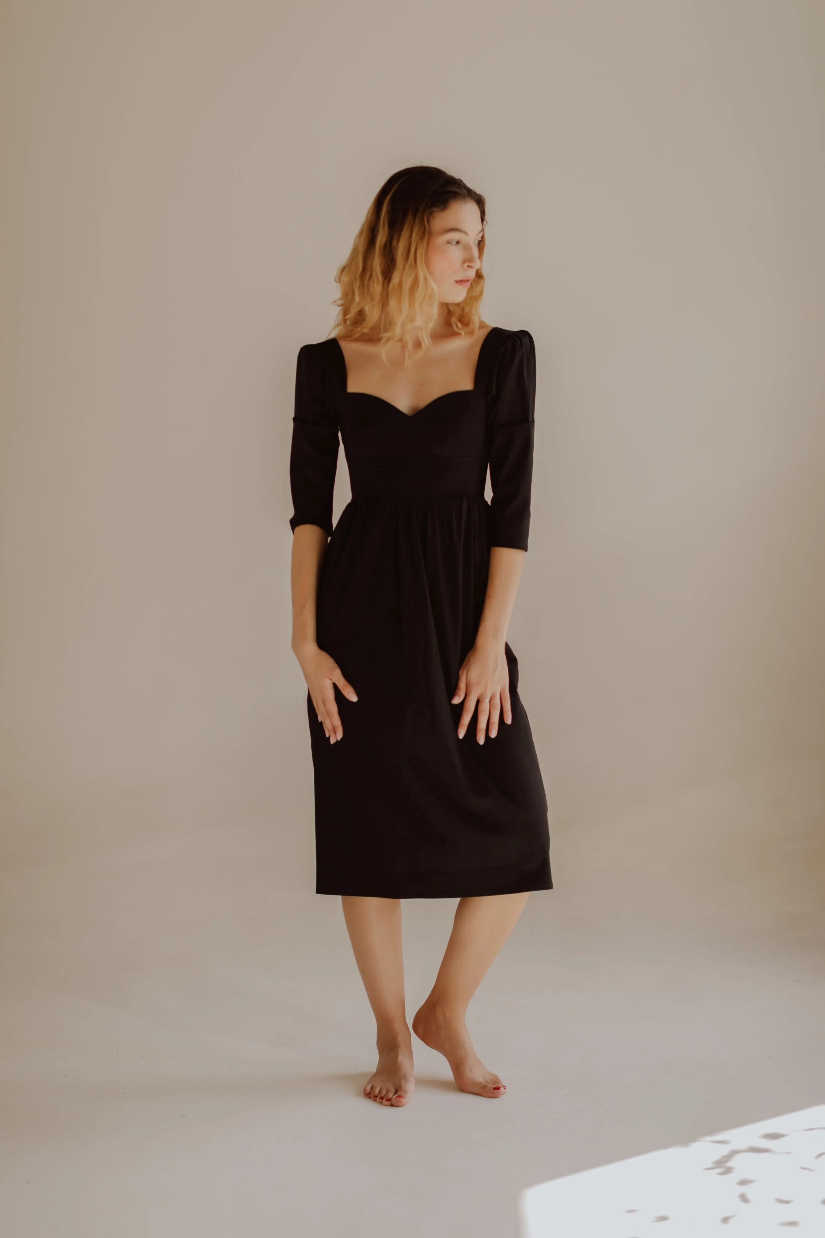 Violet Dress with Sweetheart Neck in Black Cotton
