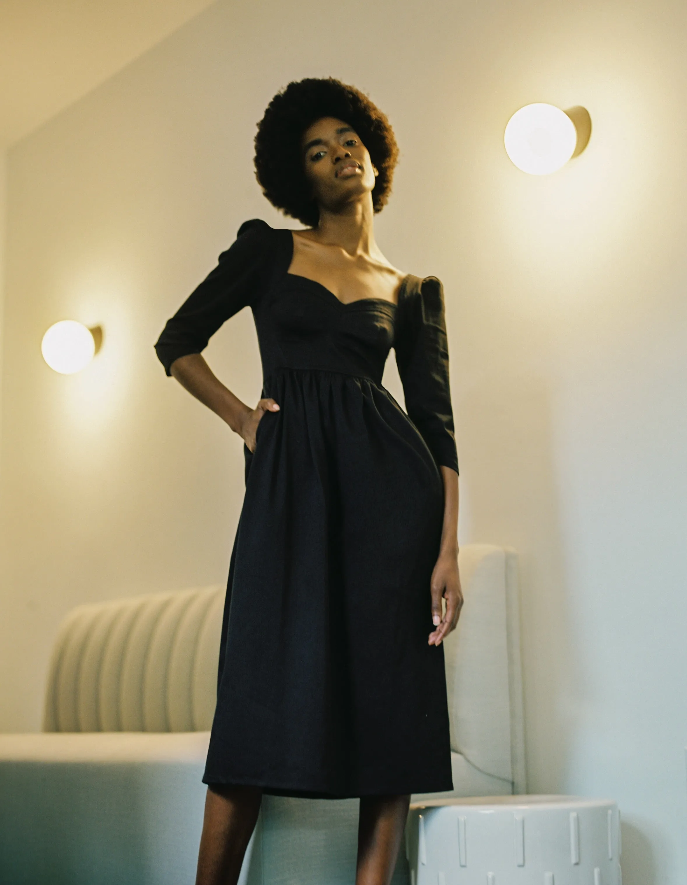 Violet Dress with Sweetheart Neck in Black Cotton