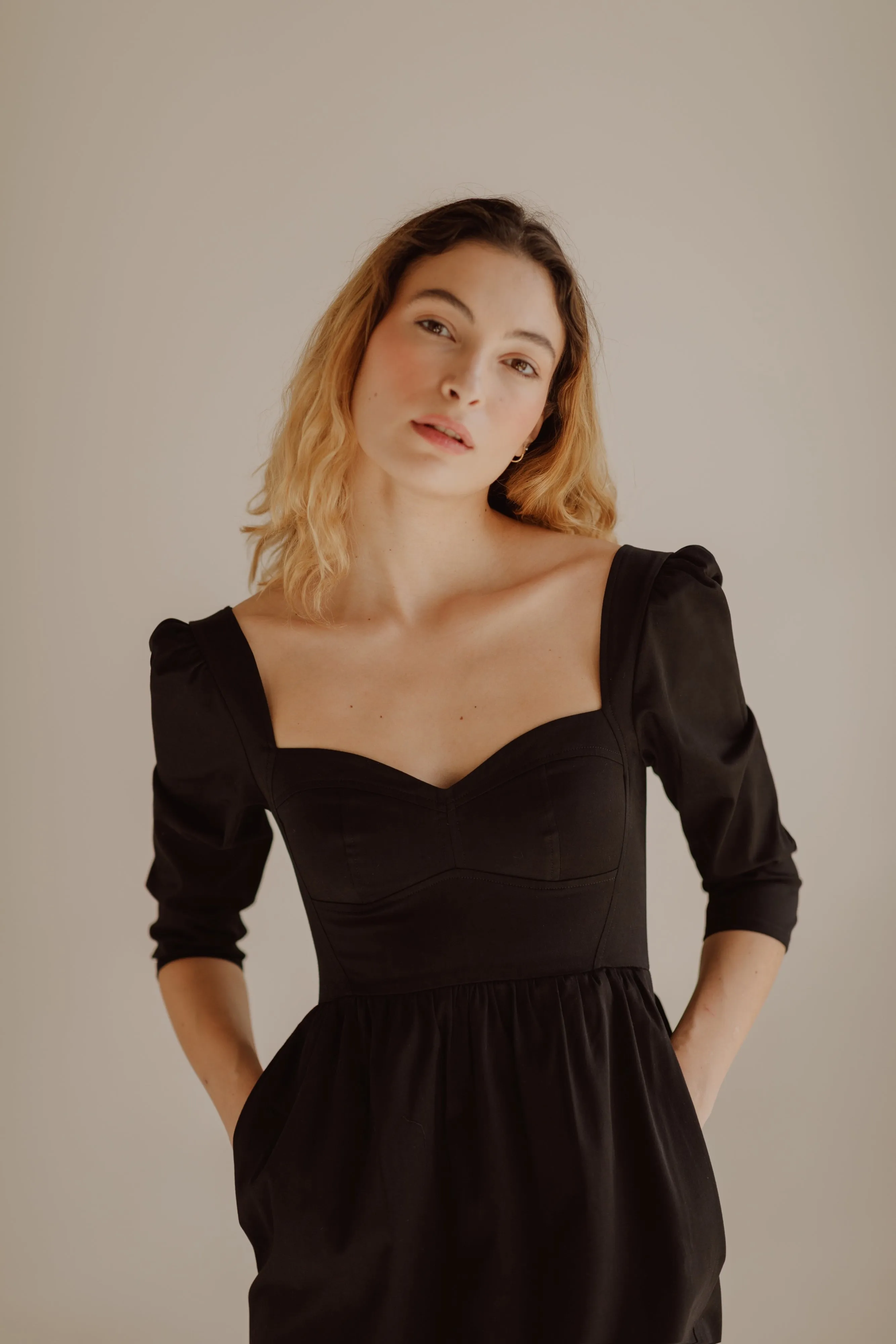 Violet Dress with Sweetheart Neck in Black Cotton