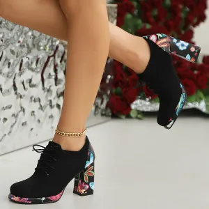 VougeVamp Elegant Chunky Heel Ankle Boots – Lace-Up Waterproof Platform Booties with Round Toe