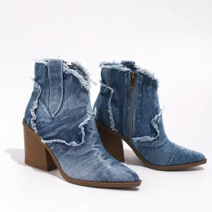 VougeVamp Women's Denim Chunky Heel Cowboy Boots – Raw Trim Pointed Toe Western Ankle Booties