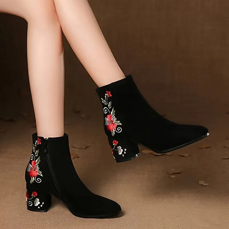 VougeVamp Women's Embroidered Floral Ankle Booties – Vintage Chinese Style with Pointed Toe & Block Heel
