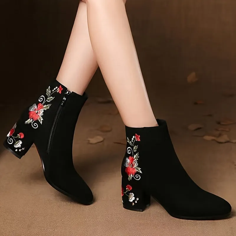 VougeVamp Women's Embroidered Floral Ankle Booties – Vintage Chinese Style with Pointed Toe & Block Heel