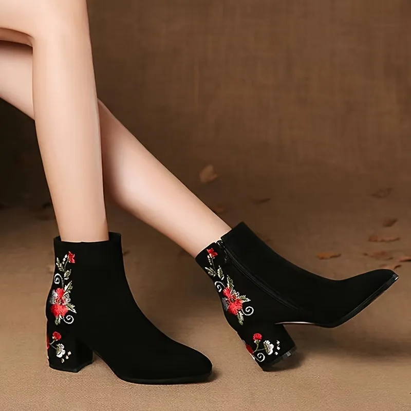VougeVamp Women's Embroidered Floral Ankle Booties – Vintage Chinese Style with Pointed Toe & Block Heel