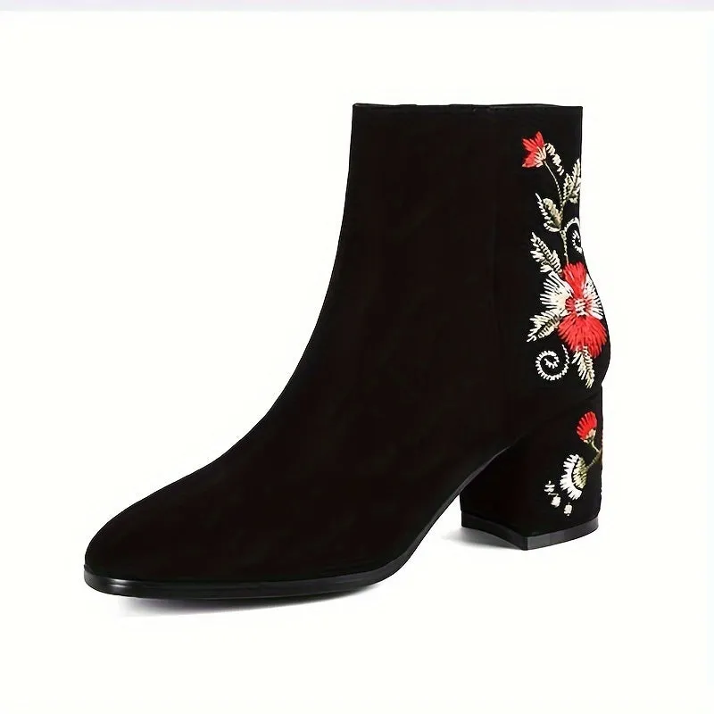 VougeVamp Women's Embroidered Floral Ankle Booties – Vintage Chinese Style with Pointed Toe & Block Heel