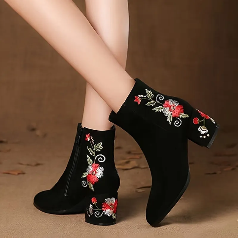 VougeVamp Women's Embroidered Floral Ankle Booties – Vintage Chinese Style with Pointed Toe & Block Heel