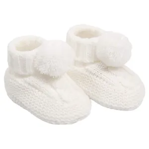 White Cable Knit Booties With Pompoms