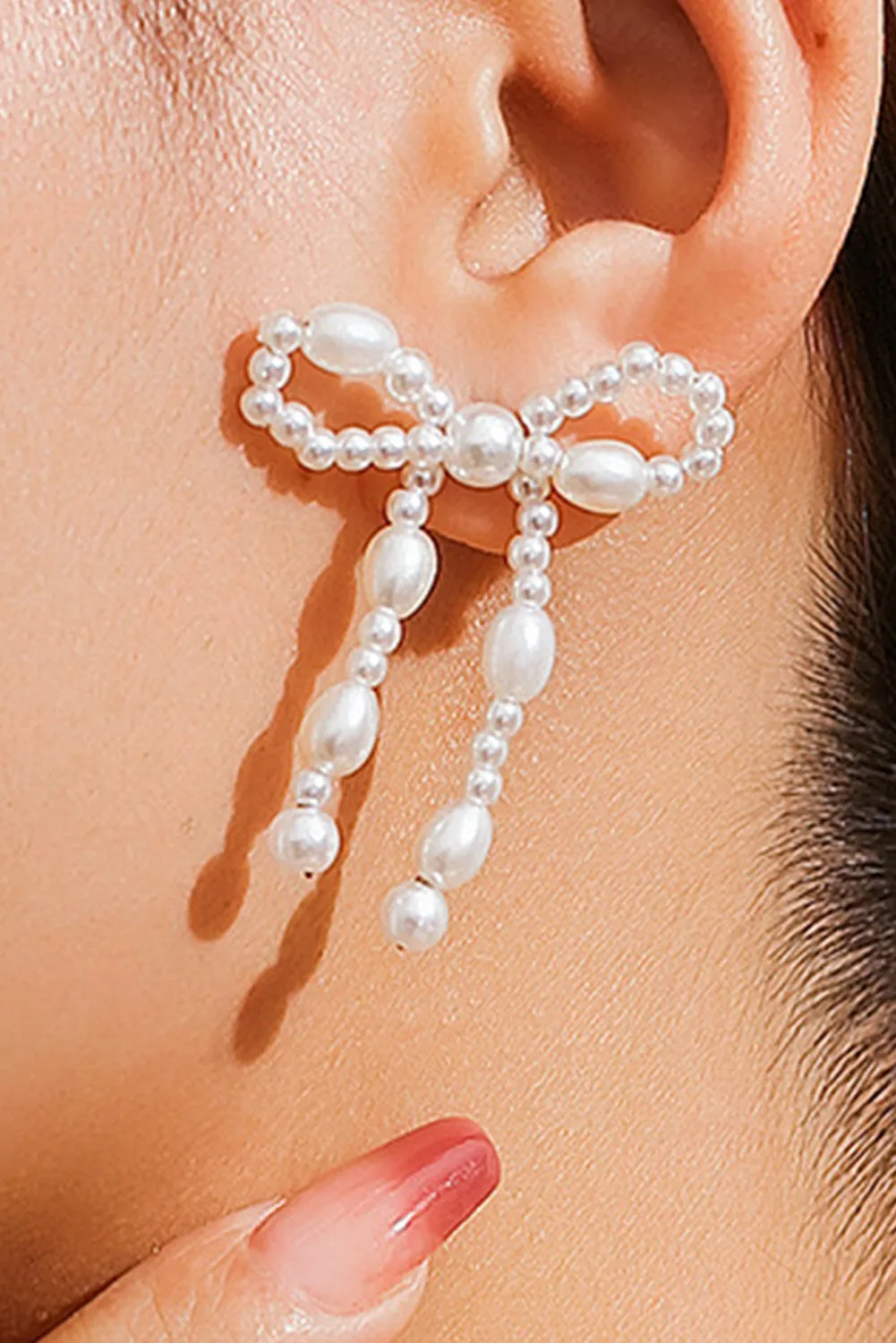 White Pearl Beaded Bowknot Studded Earrings