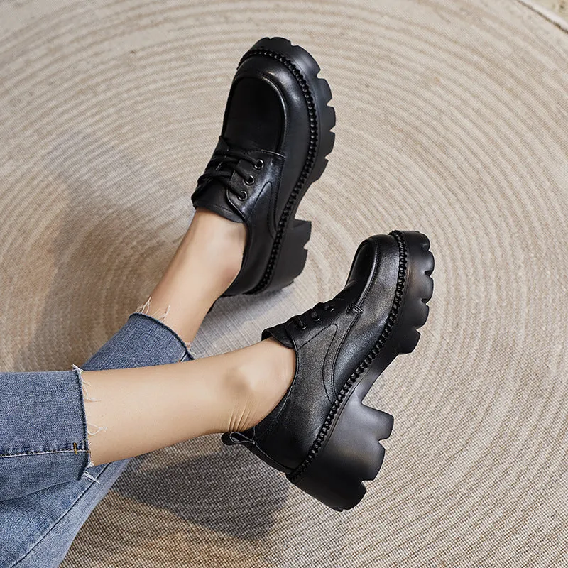 Women Retro Solid Leather Chunky Wedge Loafers