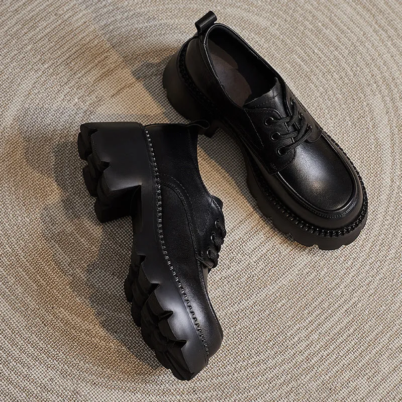Women Retro Solid Leather Chunky Wedge Loafers
