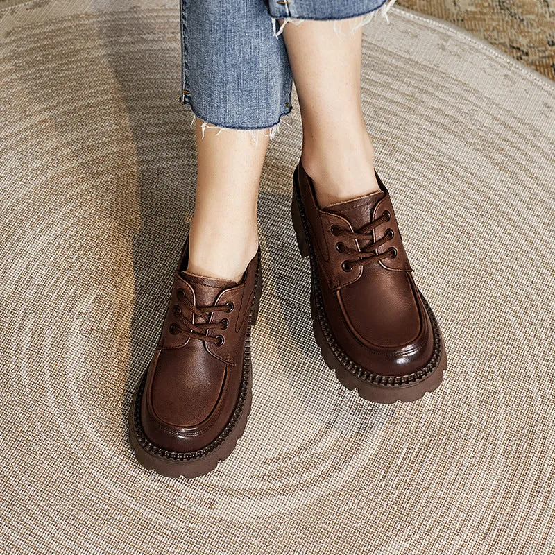 Women Retro Solid Leather Chunky Wedge Loafers