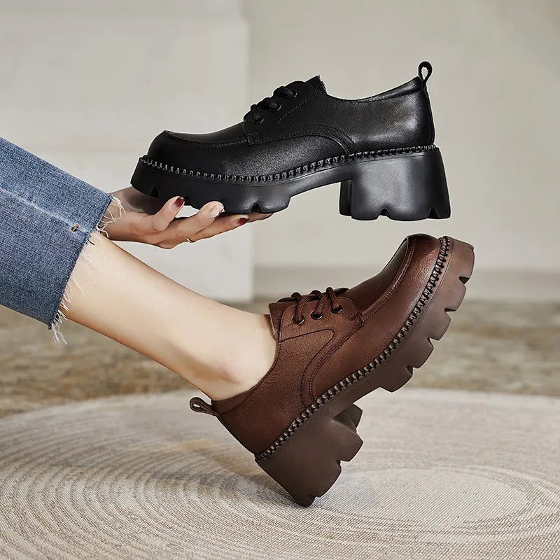 Women Retro Solid Leather Chunky Wedge Loafers