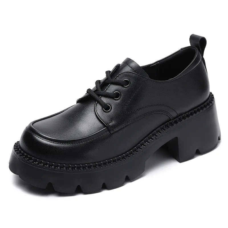 Women Retro Solid Leather Chunky Wedge Loafers