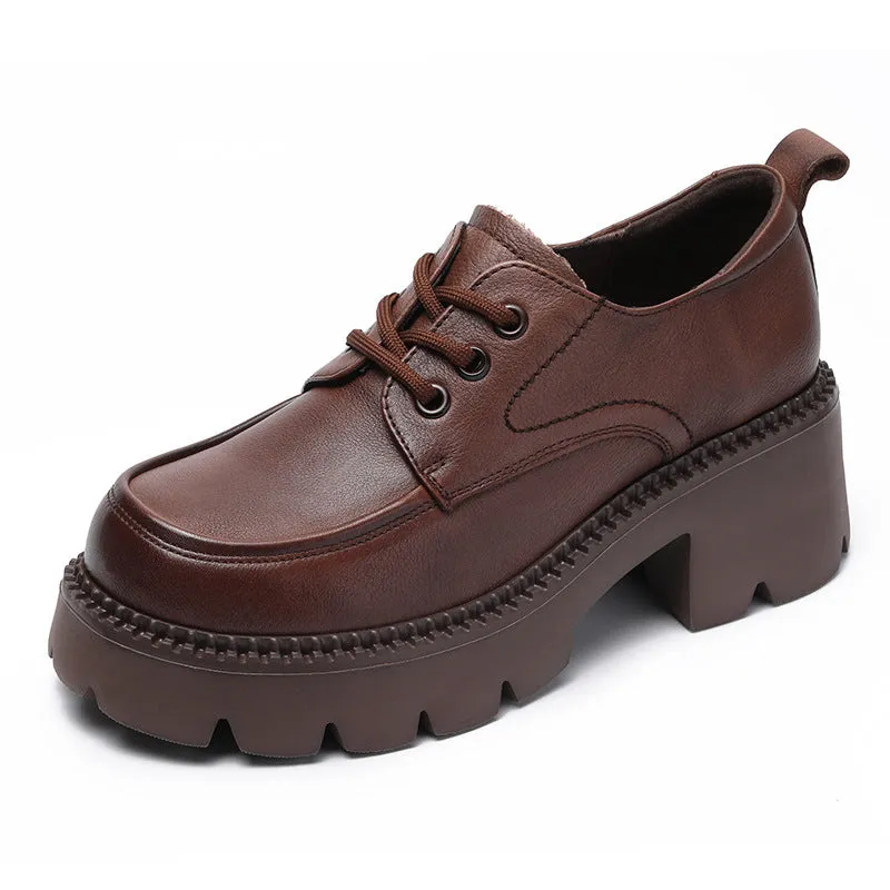 Women Retro Solid Leather Chunky Wedge Loafers