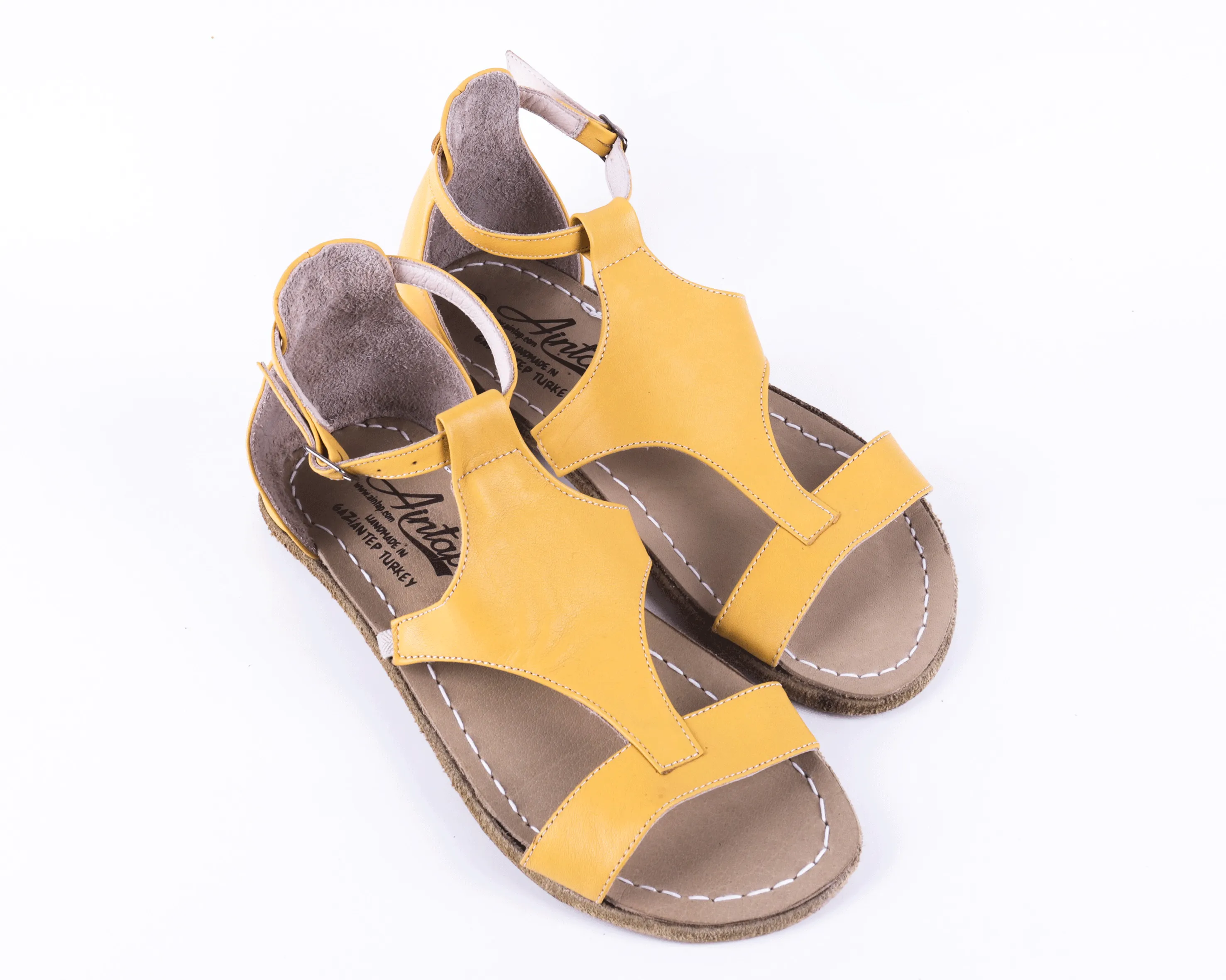 Yellow Women Buckle Slipper Wide Barefoot Smooth Leather Handmade